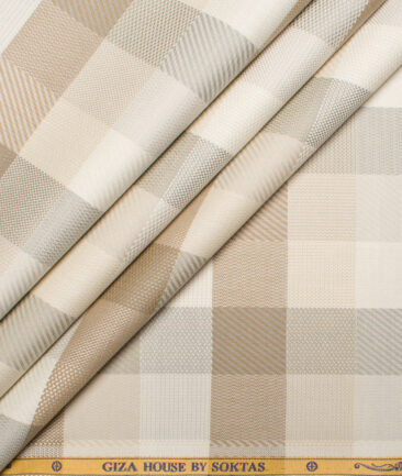 Soktas  Giza Cotton Checks Shirting Fabric (Cream & Brown)