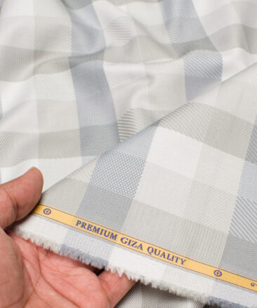 Soktas  Giza Cotton Checks Shirting Fabric (White & Grey)