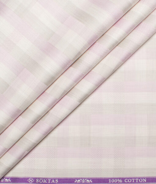 Soktas  Giza Cotton Checks Shirting Fabric (Cream & Purple)