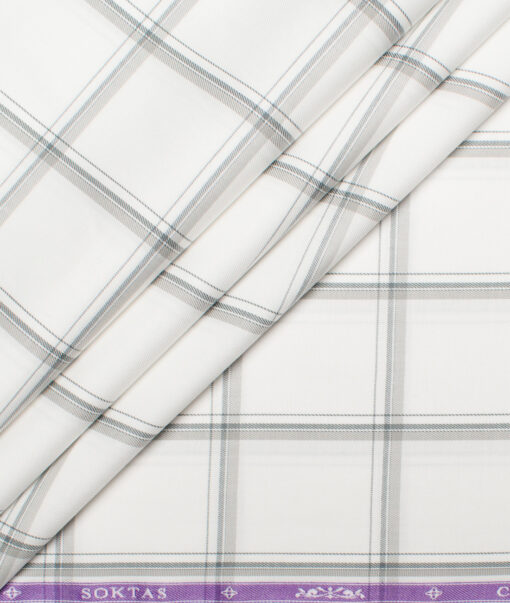 Soktas  Giza Cotton Checks Shirting Fabric (White & Grey)