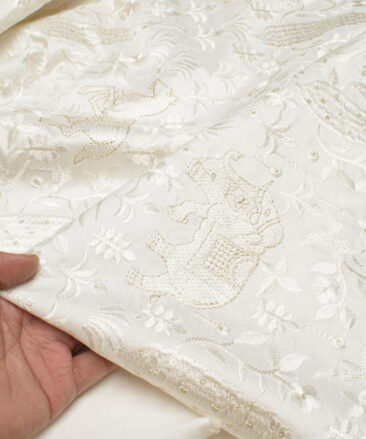 Solino  Faux Silk  Embroidered  Ethnic Suiting Fabric (White)