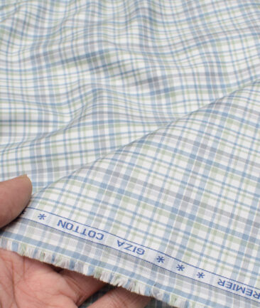 Premier Mills 2 Ply 50's Giza Cotton Checks Shirt or Kurta Fabric (White & Grey)