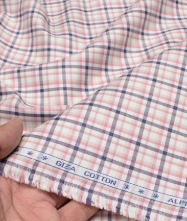 Premier Mills 2 Ply 50's Giza Cotton Checks Shirting Fabric (White & Pink)