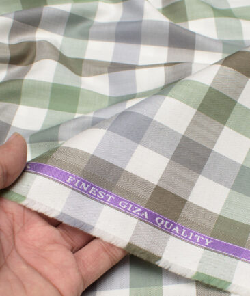 Soktas  Giza Cotton Checks Shirting Fabric (Cream & Green)