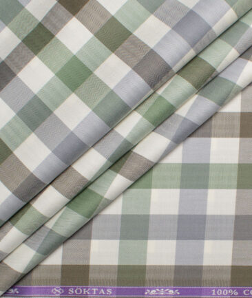 Soktas  Giza Cotton Checks Shirting Fabric (Cream & Green)