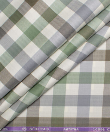Soktas  Giza Cotton Checks Shirting Fabric (Cream & Green)