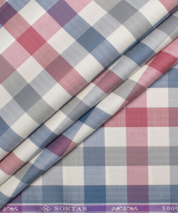 Soktas  Giza Cotton Checks Shirting Fabric (Cream & Red)