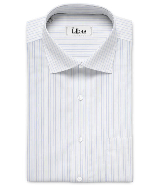 Soktas  Giza Cotton Striped Shirting Fabric (White & Blue)