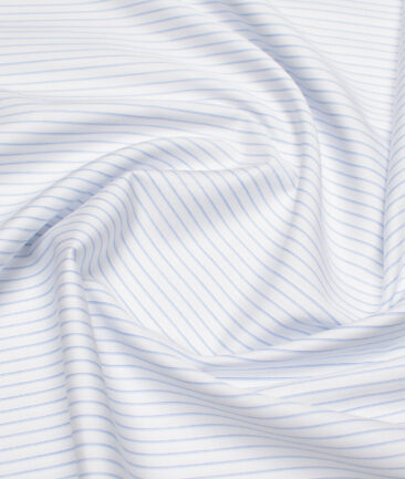 Soktas  Giza Cotton Striped Shirting Fabric (White & Blue)