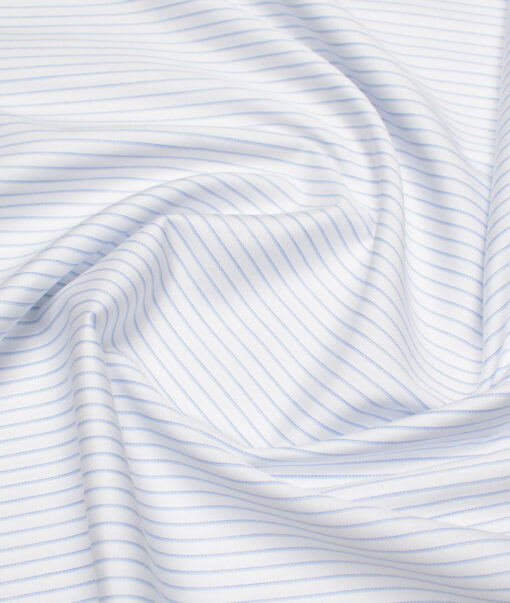 Soktas  Giza Cotton Striped Shirting Fabric (White & Blue)