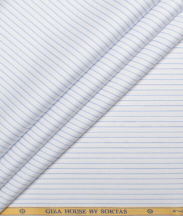 Soktas  Giza Cotton Striped Shirting Fabric (White & Blue)