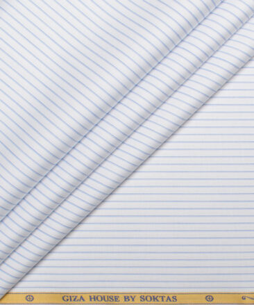 Soktas  Giza Cotton Striped Shirting Fabric (White & Blue)