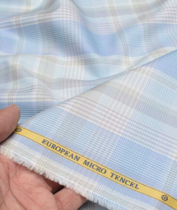 Soktas  Cotton Tencel Checks Shirting Fabric (White & Blue)