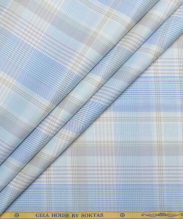 Soktas  Cotton Tencel Checks Shirting Fabric (White & Blue)