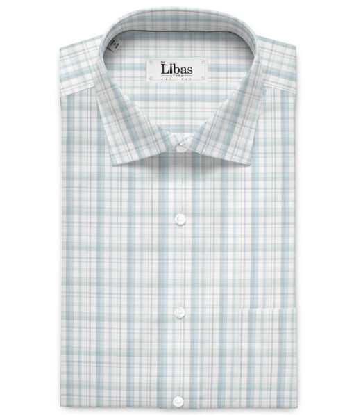 Cotton Fusion  Poly Cotton Checks Shirting Fabric (White & Sea Green)