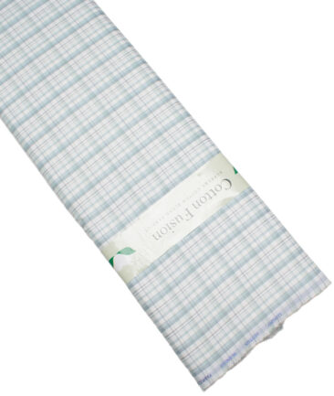 Cotton Fusion  Poly Cotton Checks Shirting Fabric (White & Sea Green)