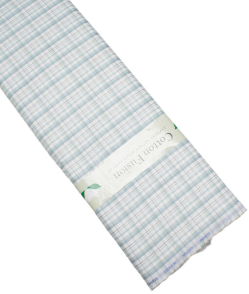 Cotton Fusion  Poly Cotton Checks Shirting Fabric (White & Sea Green)