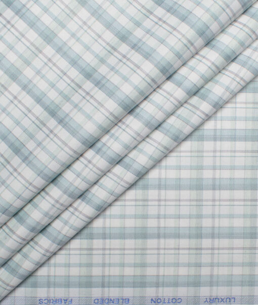Cotton Fusion  Poly Cotton Checks Shirting Fabric (White & Sea Green)