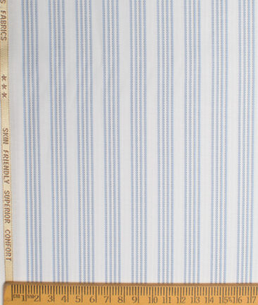 Cotton Fusion  Poly Cotton Striped Shirting Fabric (White & Sky Blue)