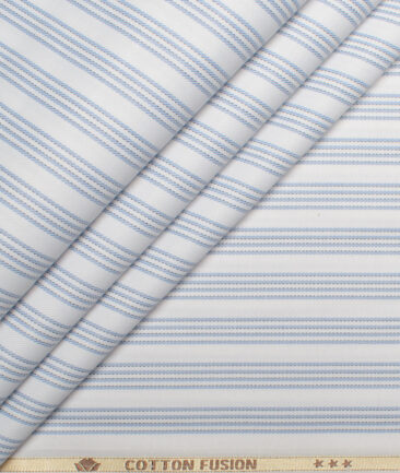 Cotton Fusion  Poly Cotton Striped Shirting Fabric (White & Sky Blue)