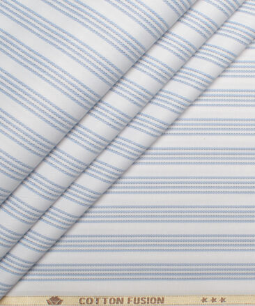 Cotton Fusion  Poly Cotton Striped Shirting Fabric (White & Sky Blue)