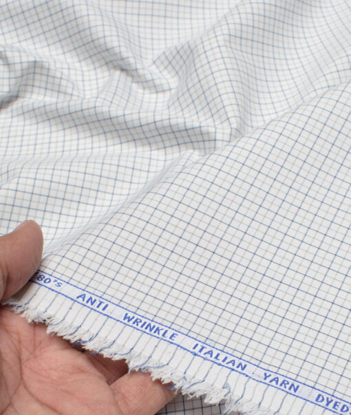 Ferricio Dietlo  Poly Cotton Checks Shirting Fabric (White & Blue)