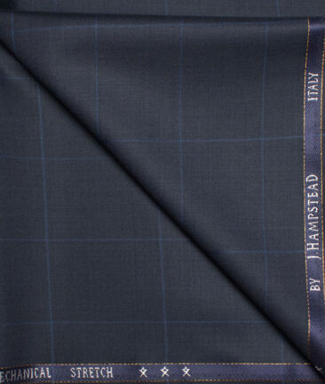 J.Hampstead  60% Merino Wool Super 130's Checks  Unstitched  Trouser Fabric (Dark Blue)