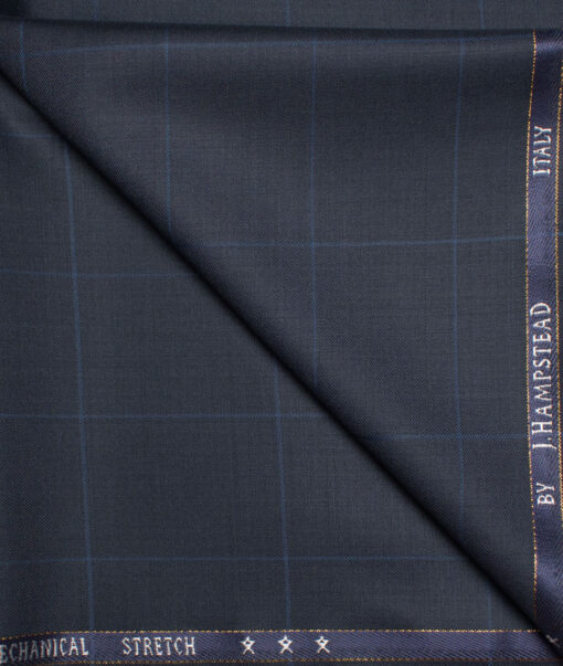 J.Hampstead  60% Merino Wool Super 130's Checks  Unstitched  Trouser Fabric (Dark Blue)
