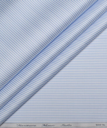 Tessitura Monti 2 Ply 70's Giza Cotton Striped Shirting Fabric (White & Sky Blue)