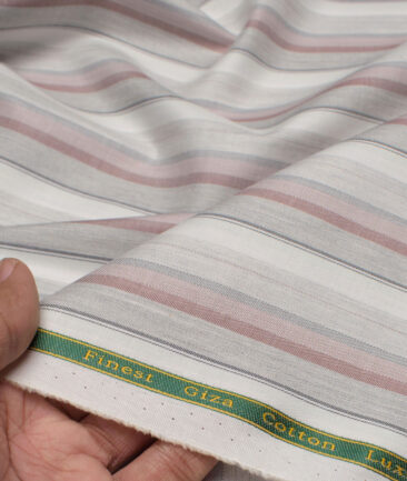 Reid & Taylor  Giza Cotton Striped Shirting Fabric (White & Pink)