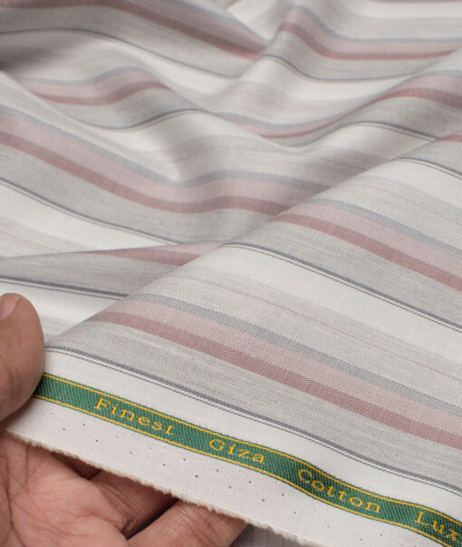 Reid & Taylor  Giza Cotton Striped Shirting Fabric (White & Pink)