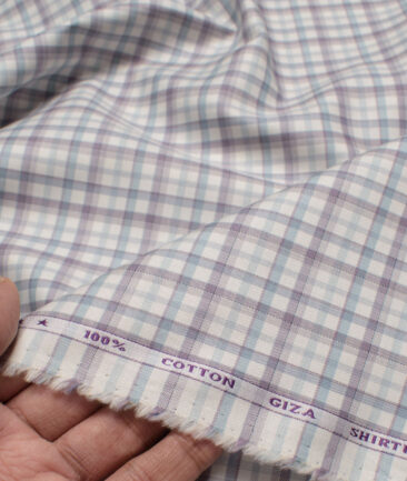J.Hampstead  Giza Cotton Checks Shirting Fabric (White & Purple)