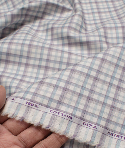 J.Hampstead  Giza Cotton Checks Shirting Fabric (White & Purple)
