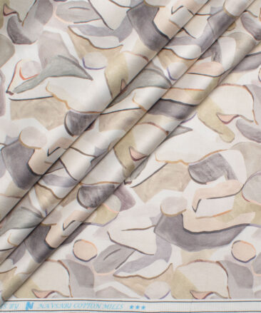 Navsari  Cotton Printed Shirt or Kurta Fabric (White & Beige)