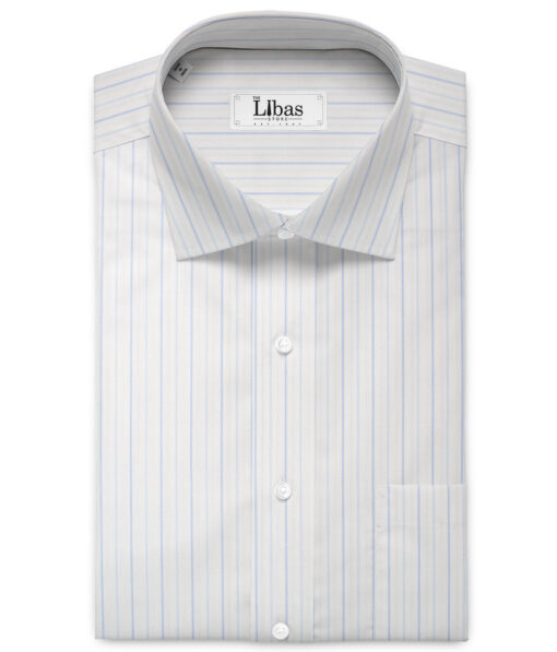 Soktas  Giza Cotton Striped Shirting Fabric (White & Blue)