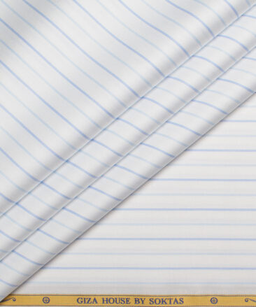 Soktas  Giza Cotton Striped Shirting Fabric (White & Blue)