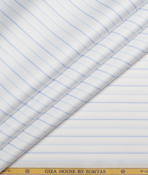 Soktas  Giza Cotton Striped Shirting Fabric (White & Blue)