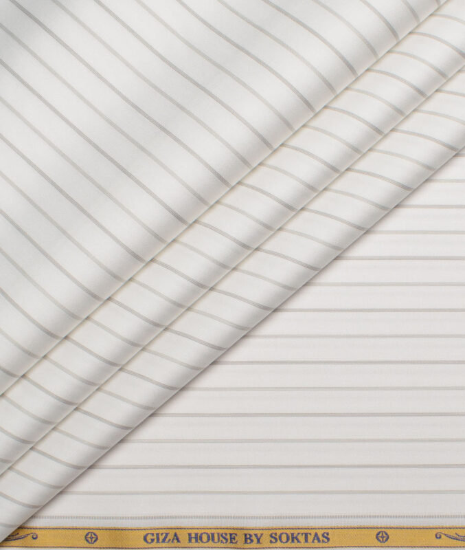 Soktas  Giza Cotton Striped Shirting Fabric (White & Grey)