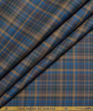 Soktas  Giza Cotton Checks Shirting Fabric (Light Brown & Teal Blue)