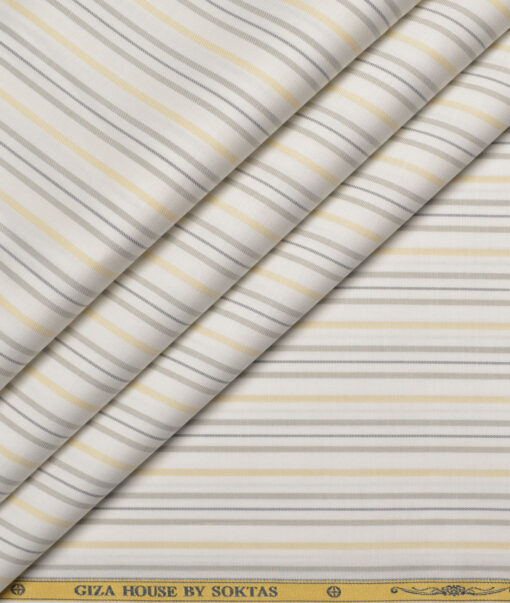 Soktas  Giza Cotton Striped Shirting Fabric (White & Beige)