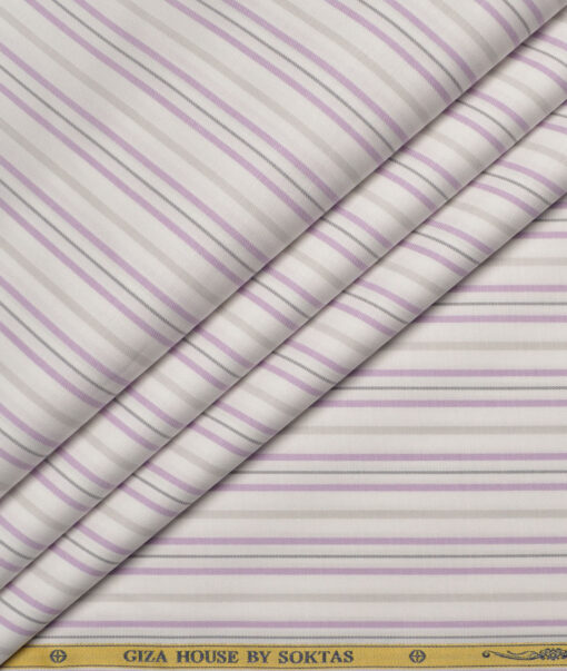 Soktas  Giza Cotton Striped Shirting Fabric (White & Purple)
