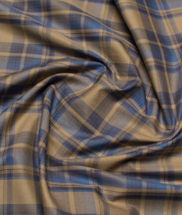 Soktas  Giza Cotton Checks Shirting Fabric (Light Brown & Blue)