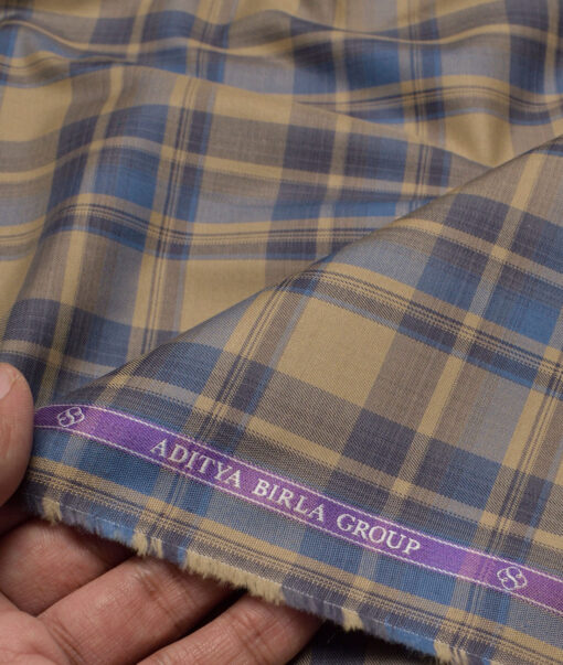 Soktas  Giza Cotton Checks Shirting Fabric (Light Brown & Blue)