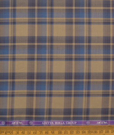 Soktas  Giza Cotton Checks Shirting Fabric (Light Brown & Blue)
