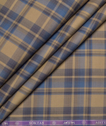 Soktas  Giza Cotton Checks Shirting Fabric (Light Brown & Blue)