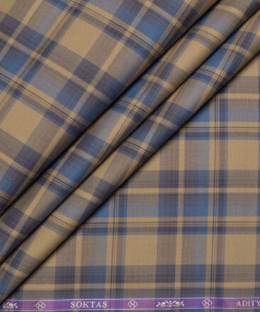 Soktas  Giza Cotton Checks Shirting Fabric (Light Brown & Blue)