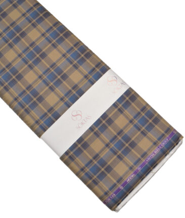 Soktas  Giza Cotton Checks Shirting Fabric (Light Brown & Blue)