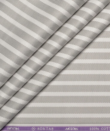 Soktas  Giza Cotton Striped Shirting Fabric (White & Grey)