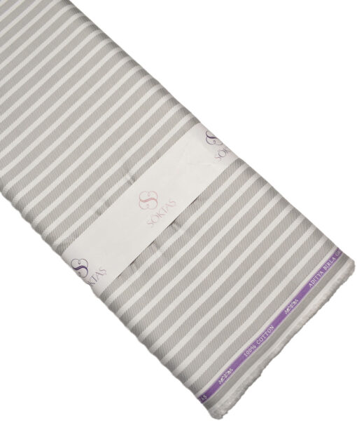 Soktas  Giza Cotton Striped Shirting Fabric (White & Grey)