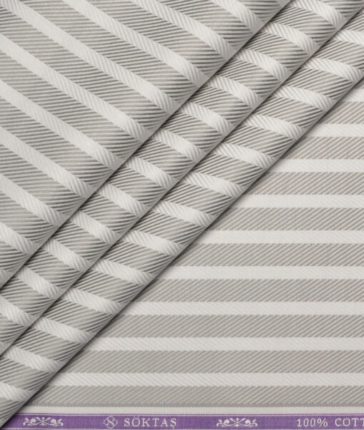Soktas  Giza Cotton Striped Shirting Fabric (White & Grey)